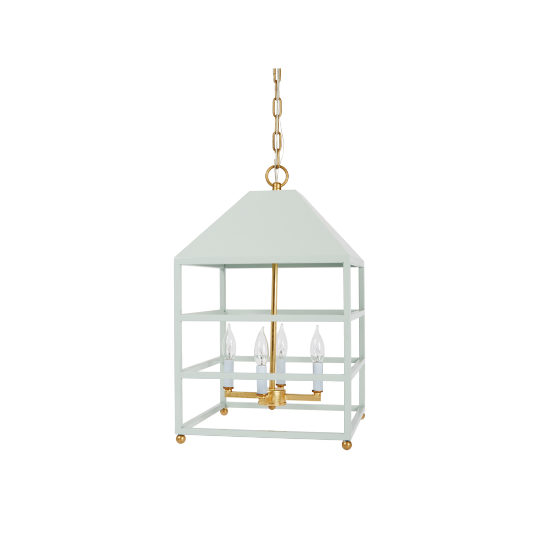 Elegant Redondo lantern in mint blue with gold accents, perfect for living rooms, entryways, or decorative displays.