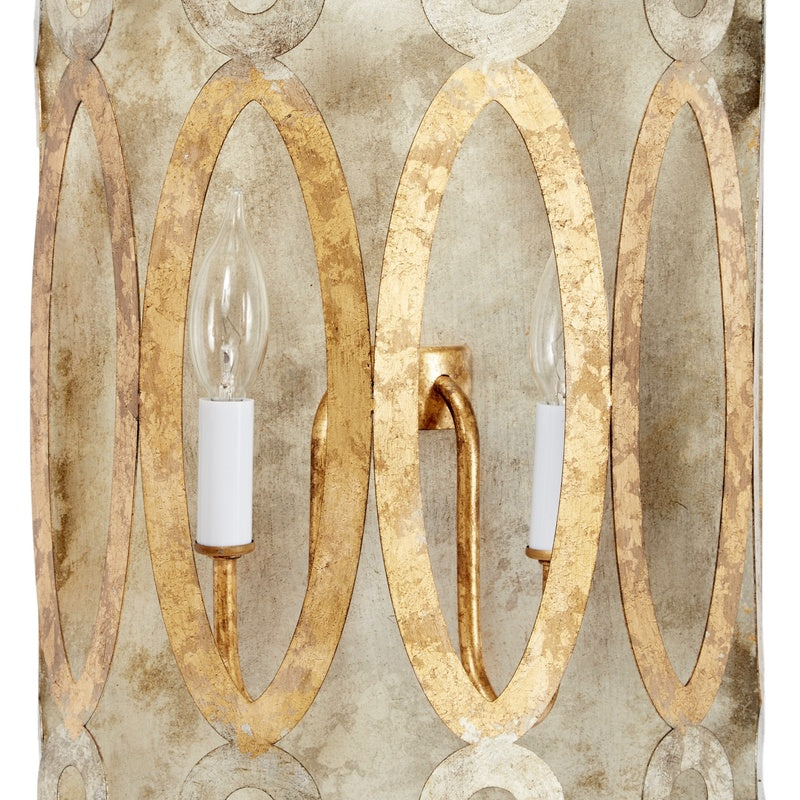 Aged gold metal dual-light wall sconce with two bulbs on curved arms