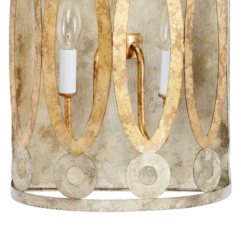 Aged gold metal dual-light wall sconce with textured backplate and two bell bulbs
