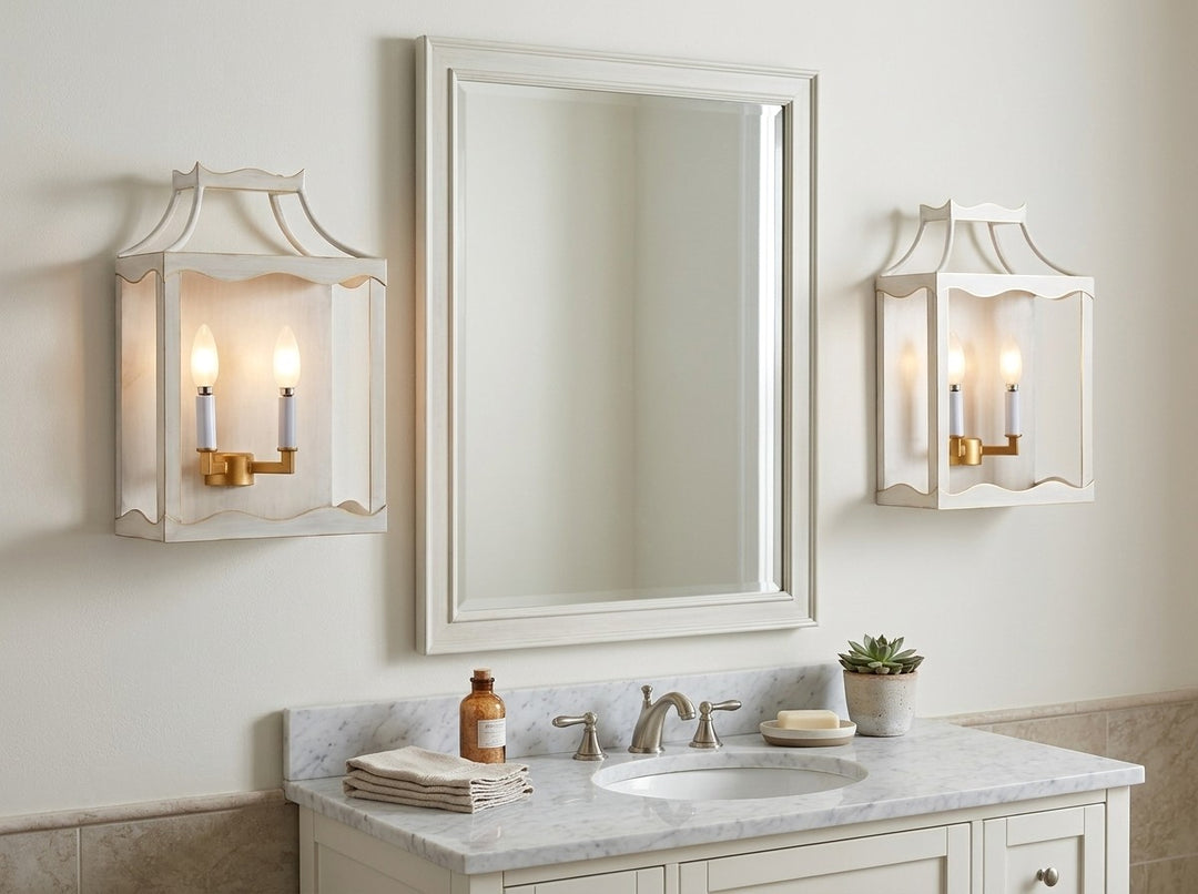 Bathroom vanity with mirror, sink, and decorative wall lights.