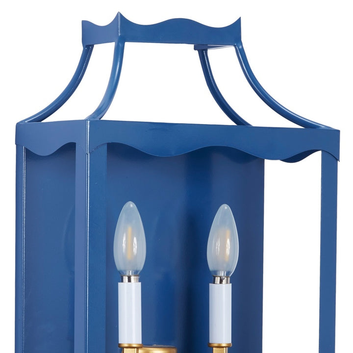 Blue metal dual-light wall sconce with two glass bulbs and open rectangular frame