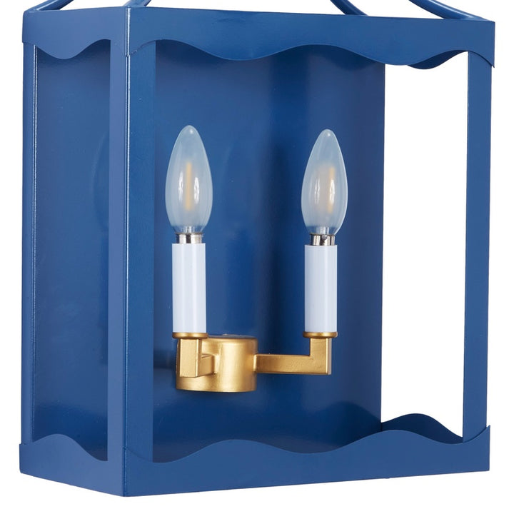 Blue metal wall sconce lantern with two clear bulbs and gold backplate