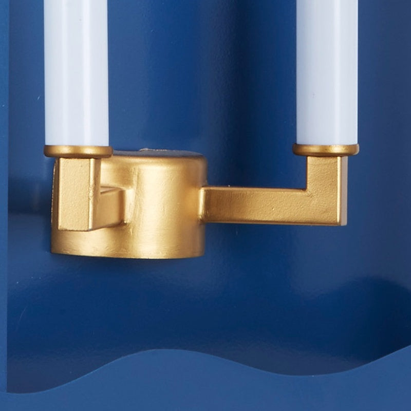 Gold dual-light socket bracket on blue wall sconce with two bulb holders