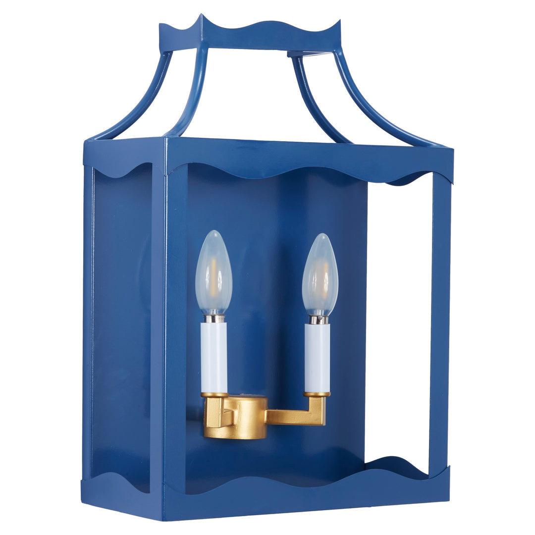Stylish navy blue metal wall sconce with two lights, adding warmth and contemporary charm to any wall décor.