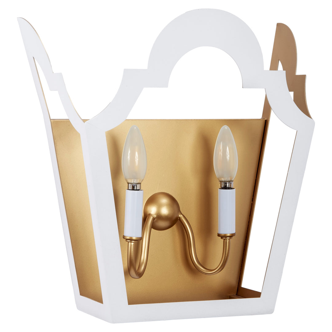 Elegant gloss white and gold metal Claudia wall sconce featuring a dual-light design, perfect for modern and transitional interiors.