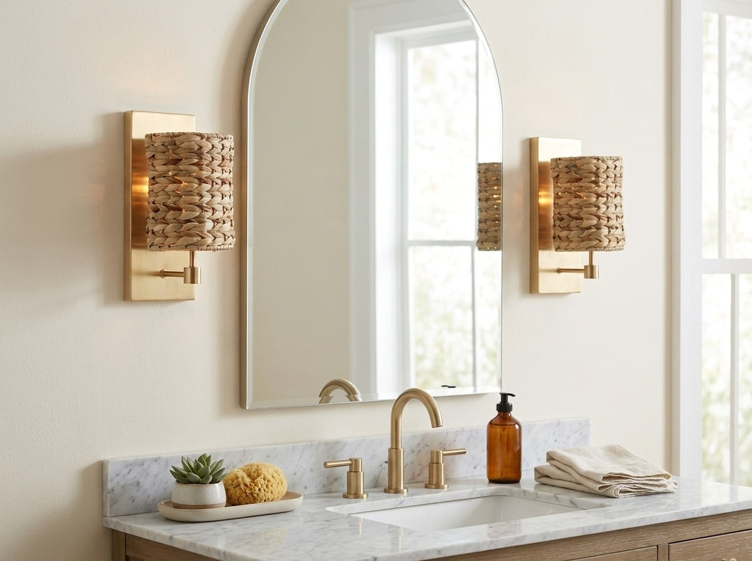 Bathroom vanity with mirror, lights, and toiletries
