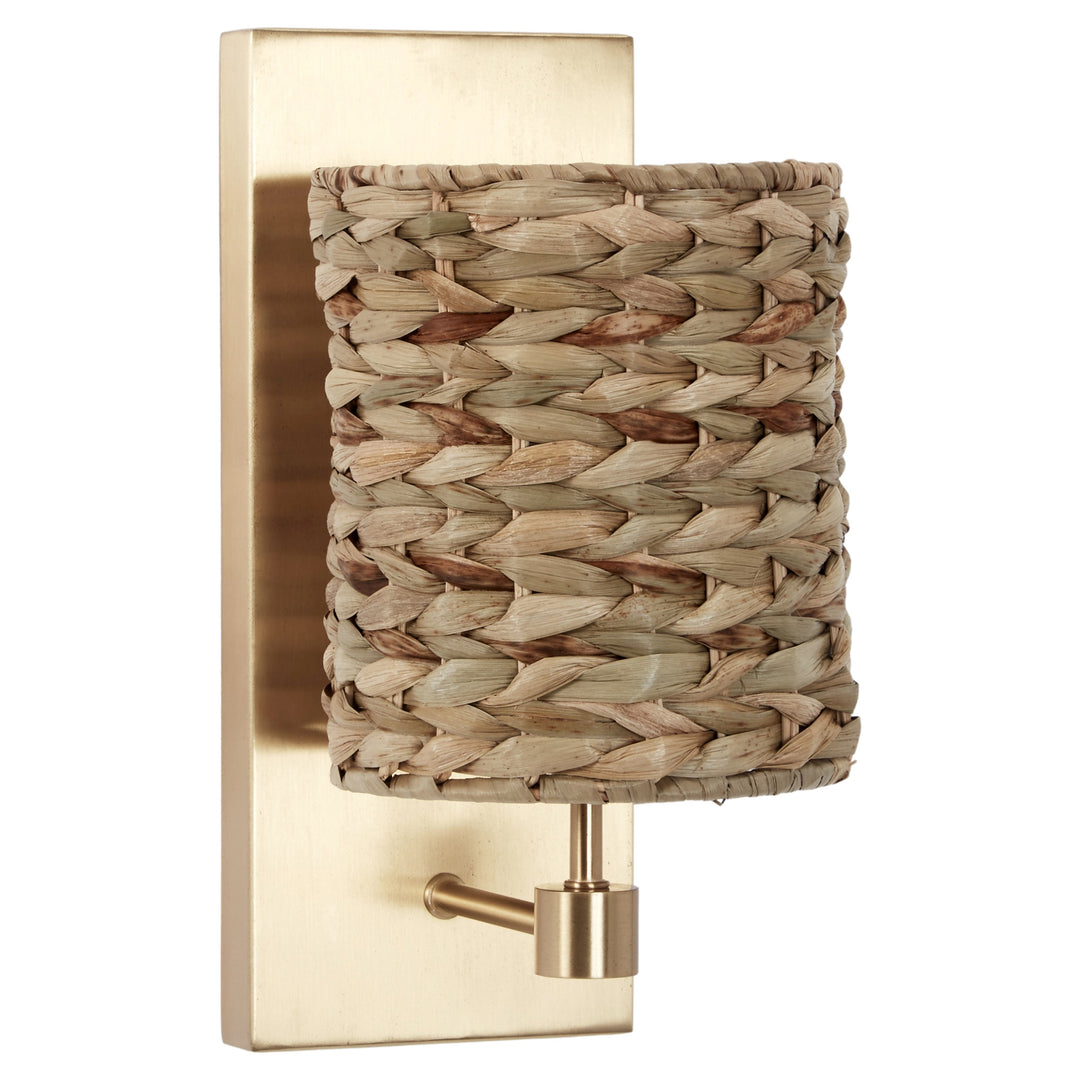 Modern Jules metal wall sconce featuring a natural woven water hyacinth shade, ideal for coastal or bohemian interiors.